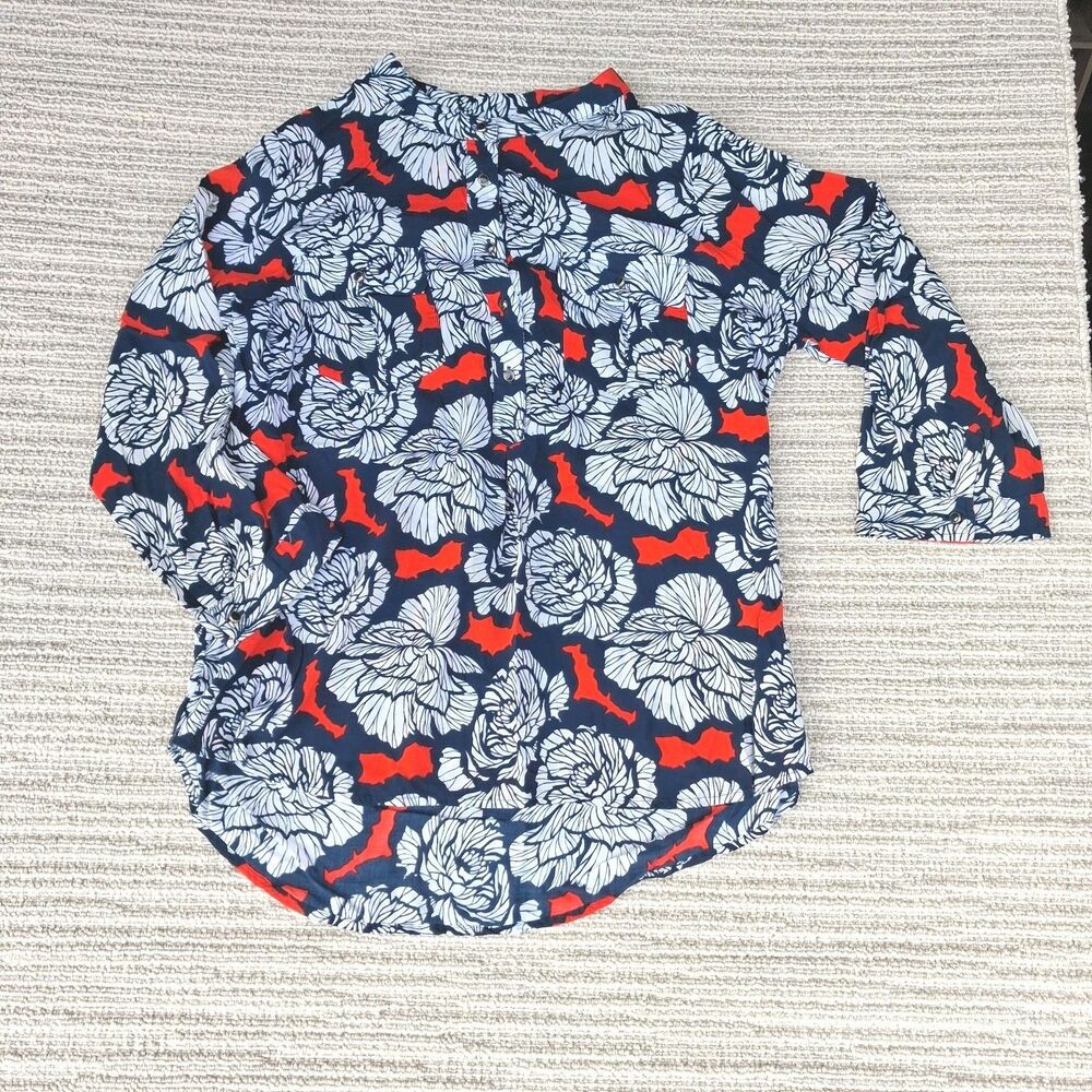 STYLUS WOMENS LARGE BLOUSE NAVY BLUE RED WHITE FLORAL 3/4 SLEEVE POPOVER TOP